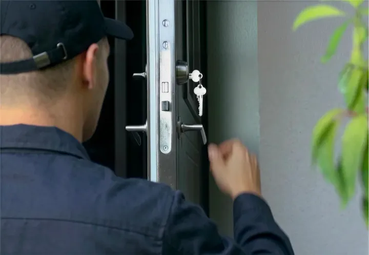 Technician installing a residential deadbolt lock